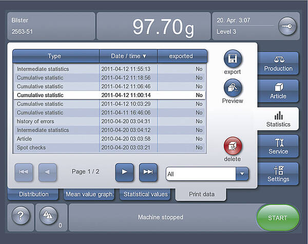 Further data from the weighing software of your inline checkweigher